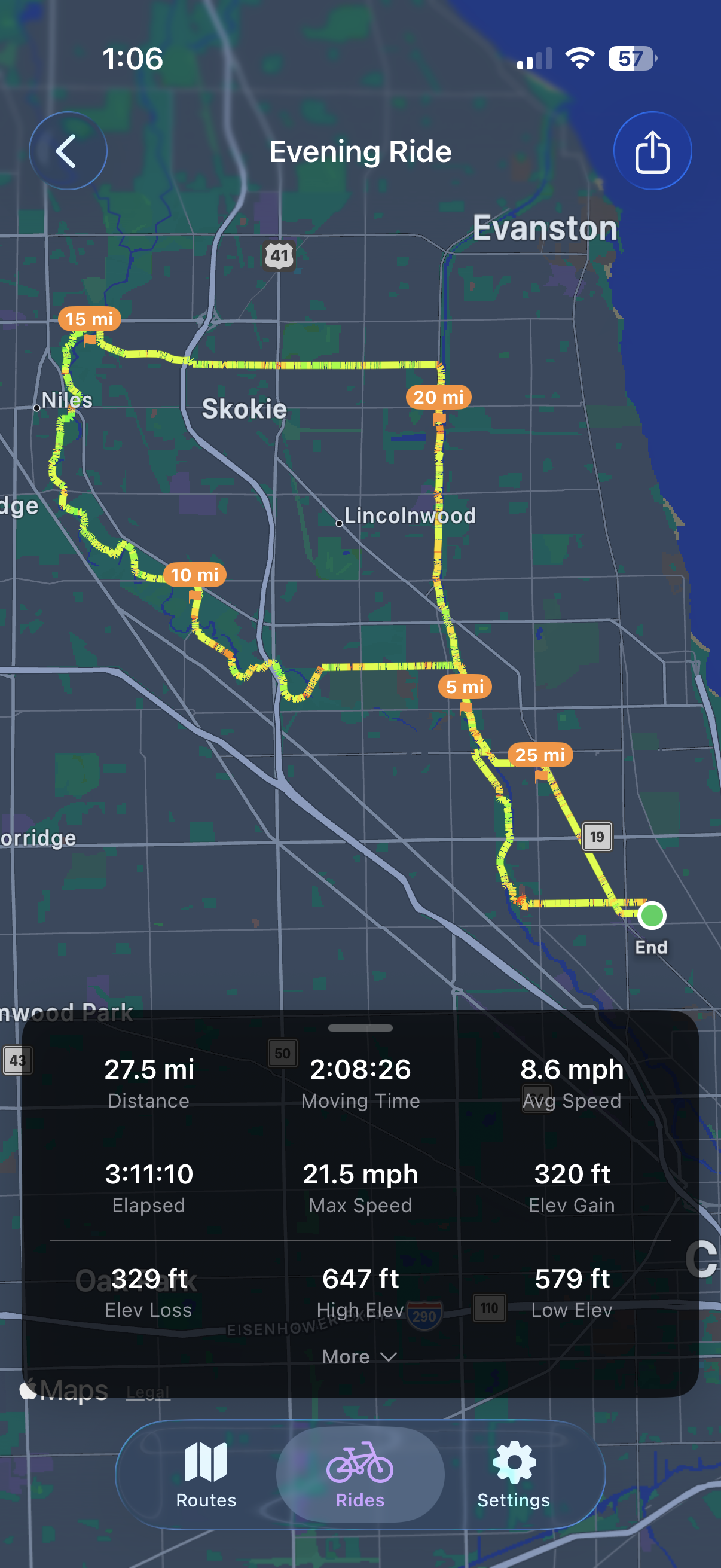 iPhone ride detail view with speed-colored route map