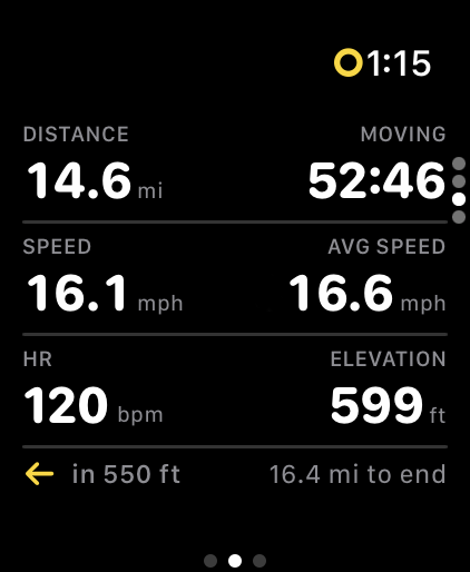 Watch metrics page showing speed, distance, elevation, and heart rate
